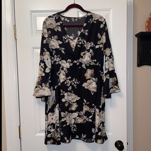 Wrap Style V-Neck Dress with Bell Sleeves